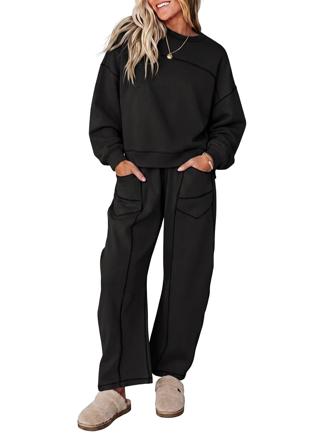 Womens 2 Piece Contrast Seams Tracksuit Set Casual Loungewear