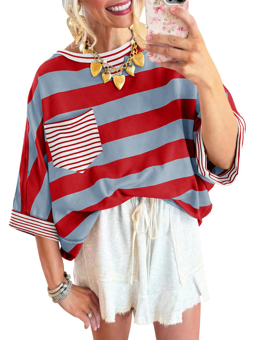 Women's T-shirts Striped Drop Shoulder Pocket T-shirt