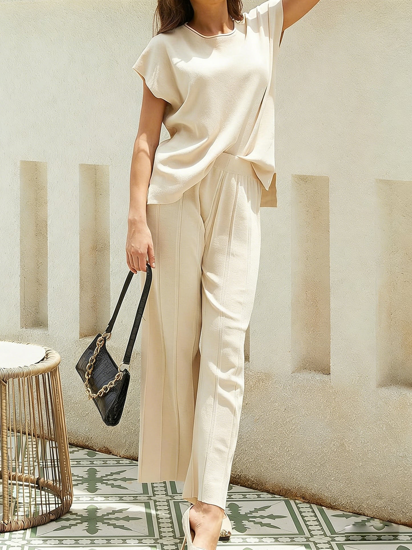 Women Knit 2 Piece Sweater Sets Pullover Tops High Waist Wide Leg Pants Lounge Set