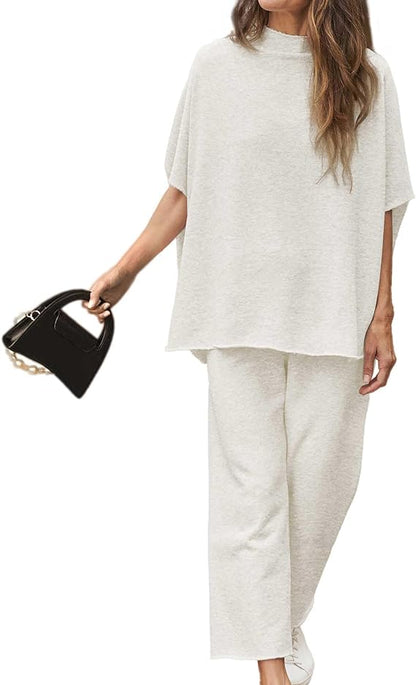 2026 Women's Casual Batwing Sleeve Pullover Top and Wide Leg Set