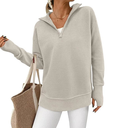 Women Oversized Half Zip Collar Vertical Rib Long Sleeve Knit Top