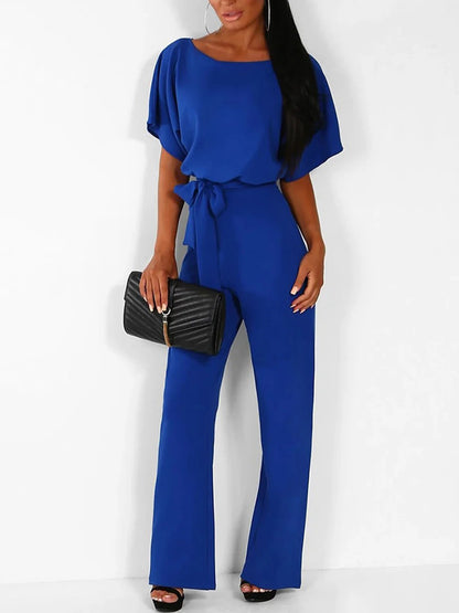 Women Crewneck Tie Waist Jumpsuit Wide Leg Pants