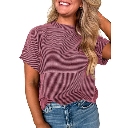 Women Textured Rib Splice Crew Neck Loose Fit Knit Short Sleeve T-shirt