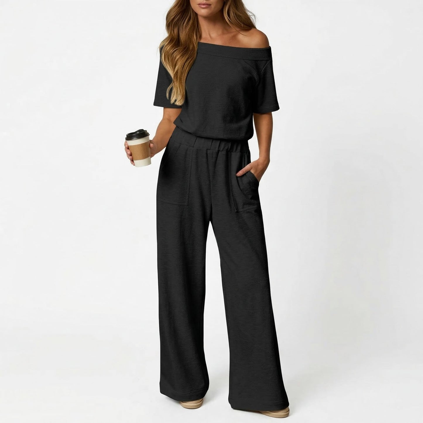 Women's Short Sleeve Back Cutout Casual Wide Leg Loose Fit One-Piece Jumpsuit