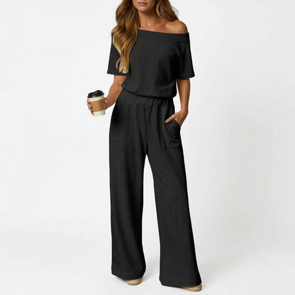 Women's Short Sleeve Back Cutout Casual Wide Leg Loose Fit One-Piece Jumpsuit