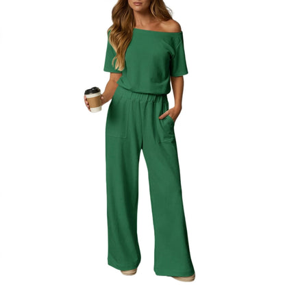 Women's Short Sleeve Back Cutout Casual Wide Leg Loose Fit One-Piece Jumpsuit