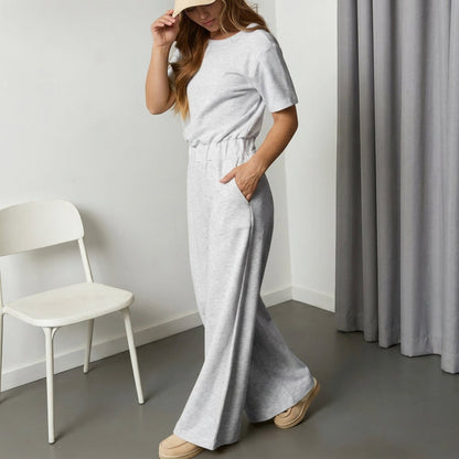 Women's Short Sleeve Back Cutout Casual Wide Leg Loose Fit One-Piece Jumpsuit