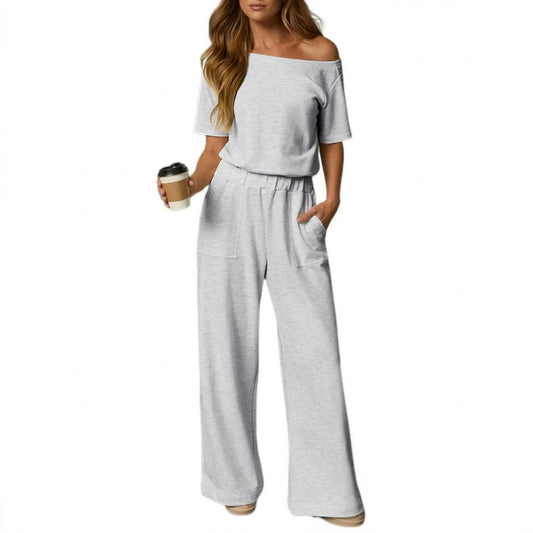 Women's Short Sleeve Back Cutout Casual Wide Leg Loose Fit One-Piece Jumpsuit