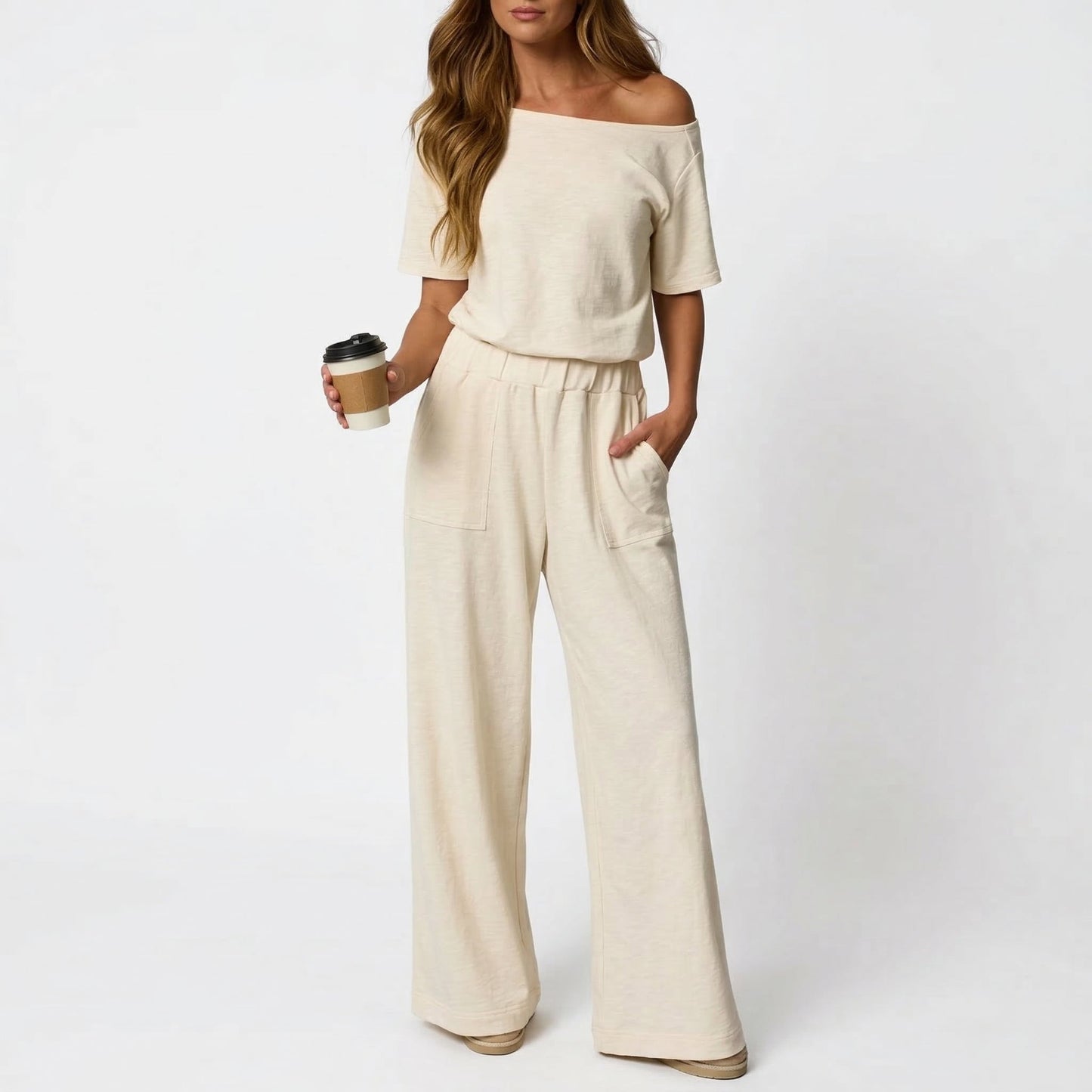 Women's Short Sleeve Back Cutout Casual Wide Leg Loose Fit One-Piece Jumpsuit