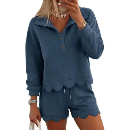 Women Scalloped Hem Half Button Polo Long Sleeve Top & Drawstring Shorts Two Piece Set