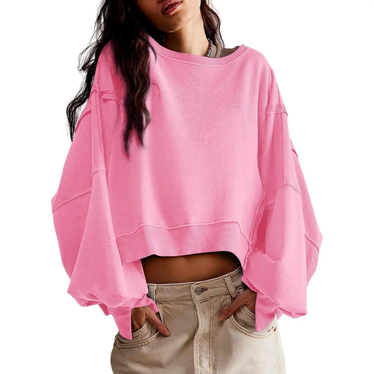 Women Solid Crew Neck Raw Stitch Detail Loose Cropped Sweatshirt