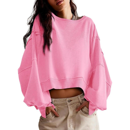 Women Solid Crew Neck Raw Stitch Detail Loose Cropped Sweatshirt