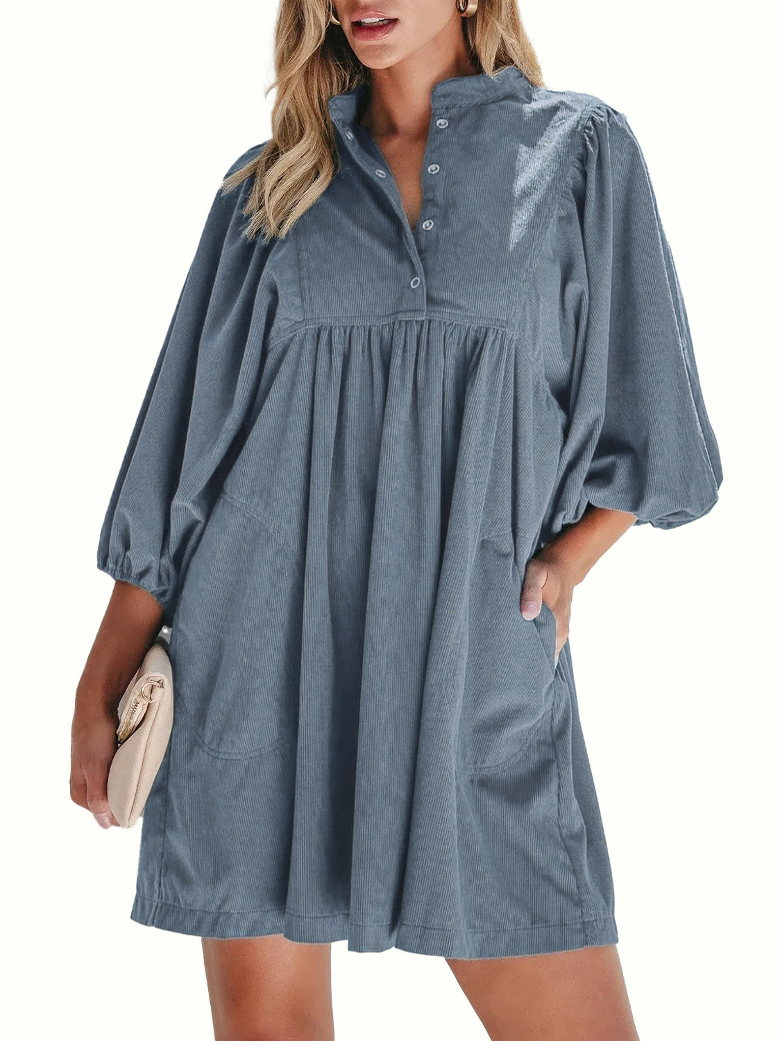 Women Corduroy Half Button Puff Sleeve Babydoll Mini Dress With Pockets