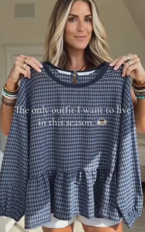 Women’s Plaid Matching Set - Long Sleeve Ruffle Hem Blouse & Wide Leg Pants