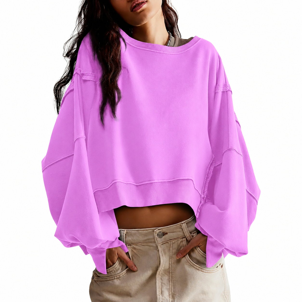 Women Solid Crew Neck Raw Stitch Detail Loose Cropped Sweatshirt