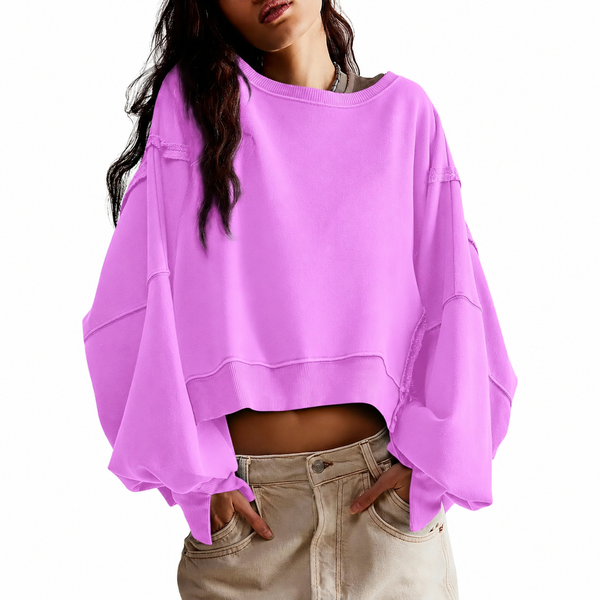 Women Solid Crew Neck Raw Stitch Detail Loose Cropped Sweatshirt