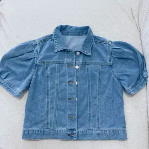 Women's Vintage Bubble Sleeve Fitted Slim Denim Crop Jacket