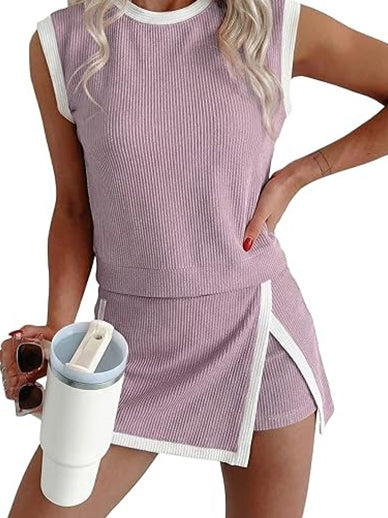 Womens Textured Rib Sleeveless Top and Wrap Skort Outfit Set