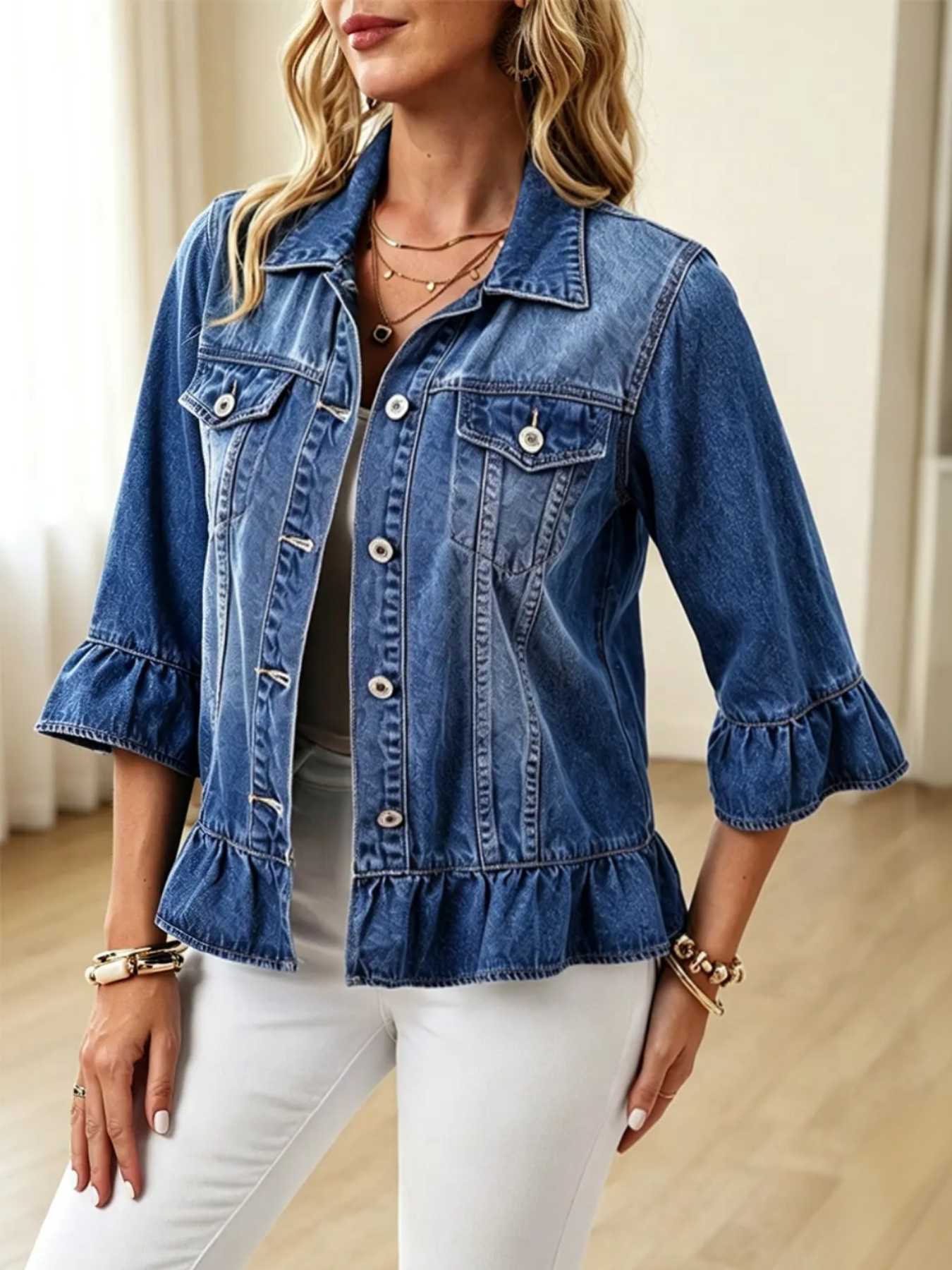 Women's Lightweight Vintage 3/4 Sleeve Ruffle Washed Denim Jacket