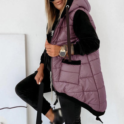 Women's Hooded Puffer Long Vest Lightweight Zipper Up Padded Gilet With Pocket