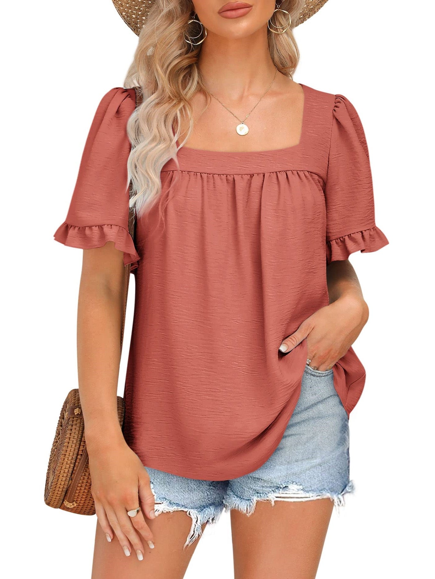🔥Women's Sqaure Neck Ruffle Sleeve Blouses Peplum Tops