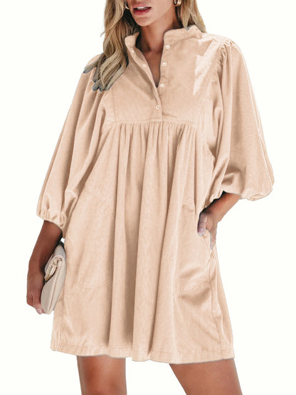 Women Corduroy Half Button Puff Sleeve Babydoll Mini Dress With Pockets