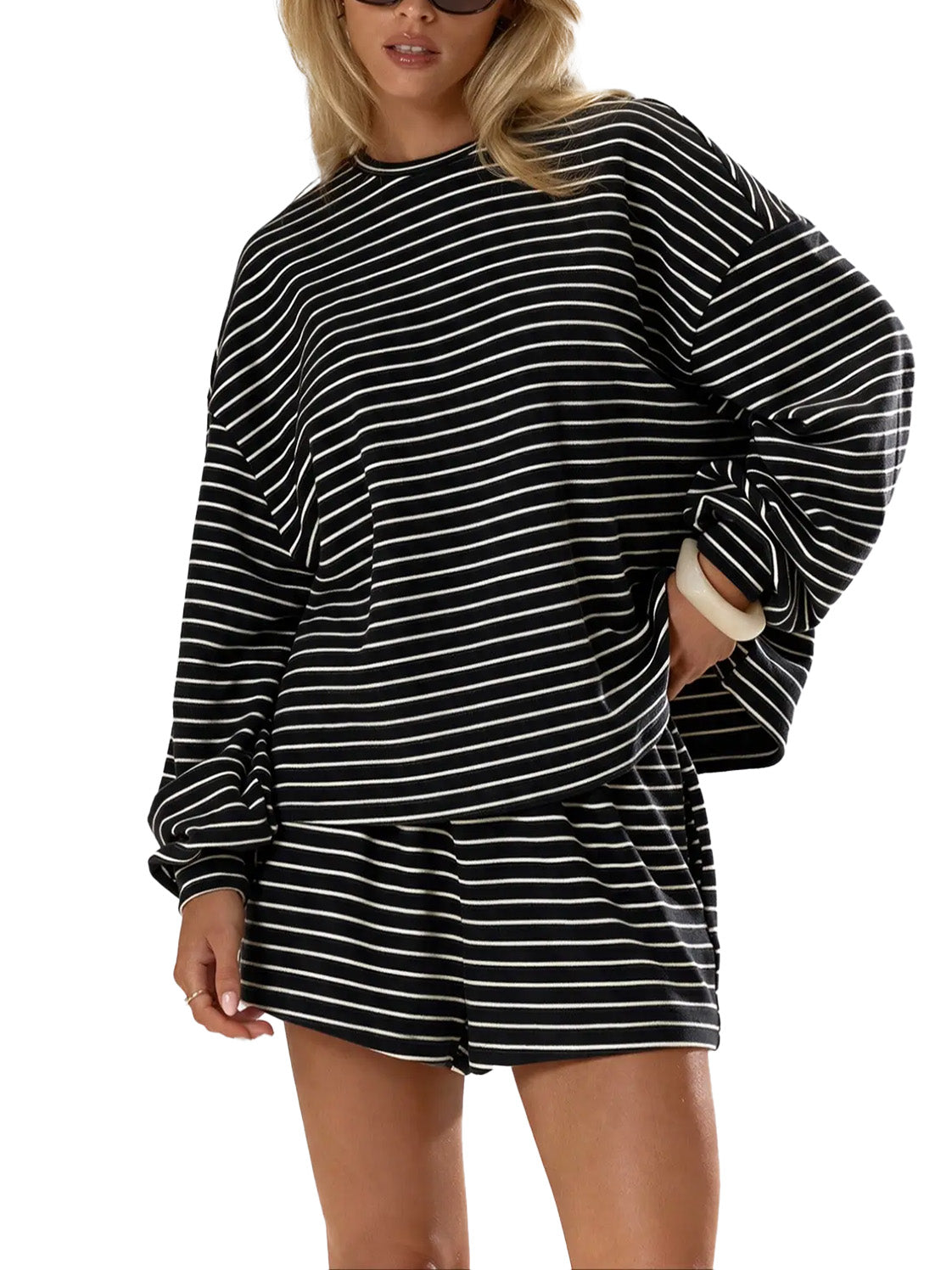 Women's Striped Oversized Long‑Sleeve Top & Pocket Shorts 2‑Piece Set