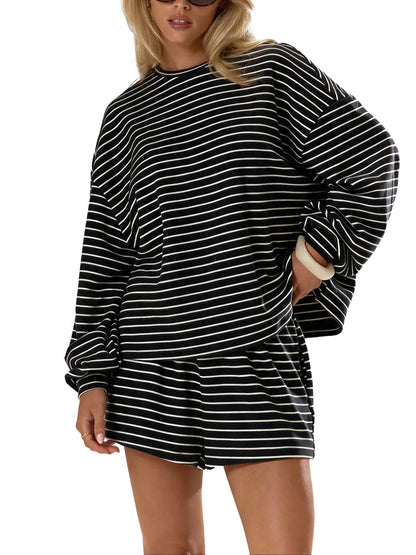 Women's Striped Oversized Long‑Sleeve Top & Pocket Shorts 2‑Piece Set
