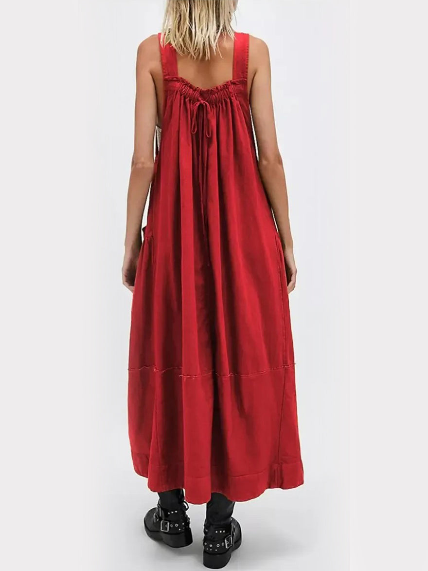 Women's Adjustable Shoulder Strap Loose Long Dress with Pockets
