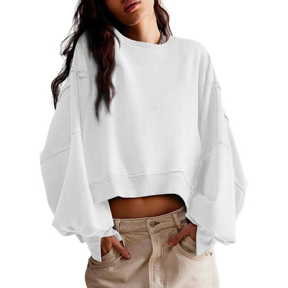 Women Solid Crew Neck Raw Stitch Detail Loose Cropped Sweatshirt