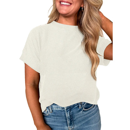Women Textured Rib Splice Crew Neck Loose Fit Knit Short Sleeve T-shirt
