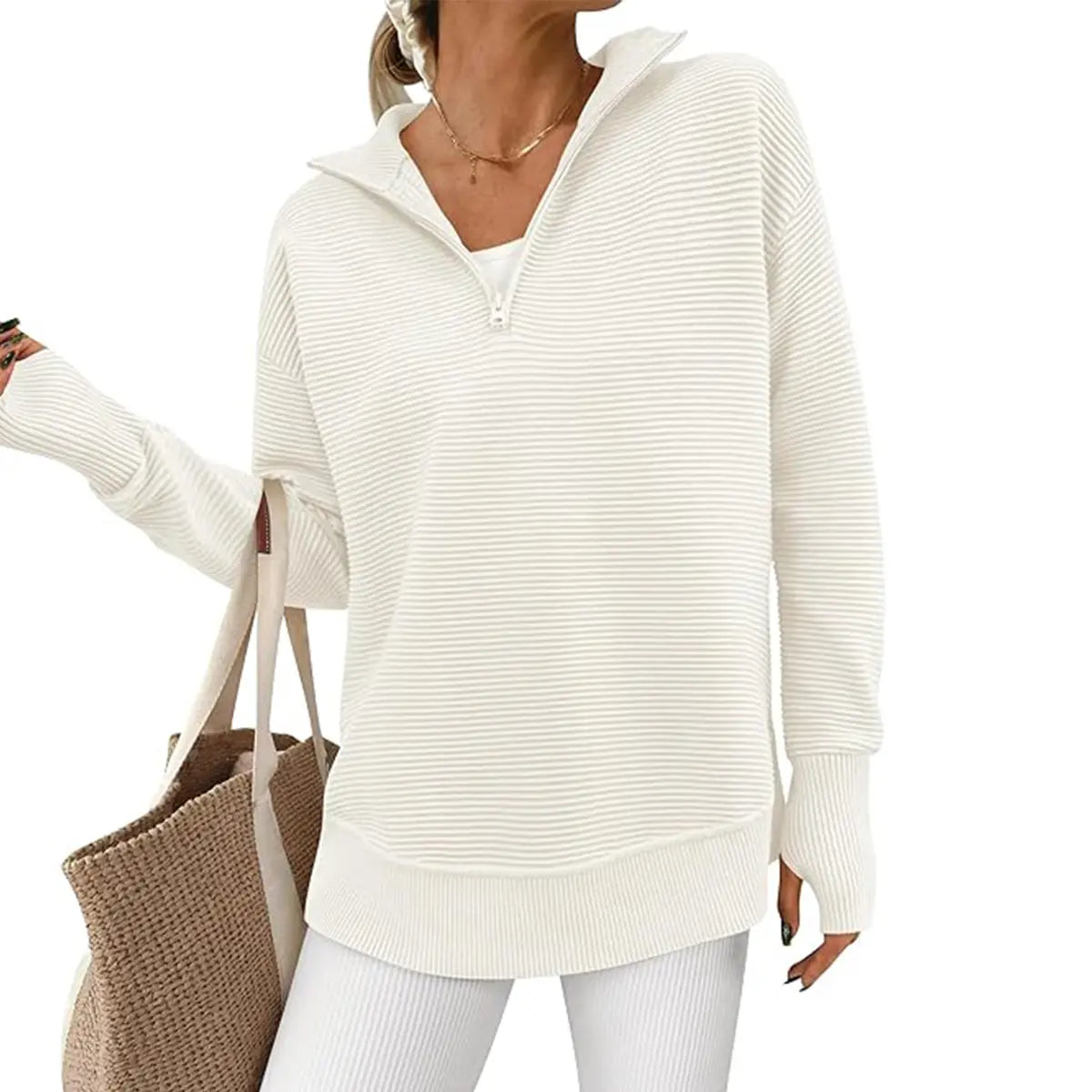 Women Oversized Half Zip Collar Vertical Rib Long Sleeve Knit Top