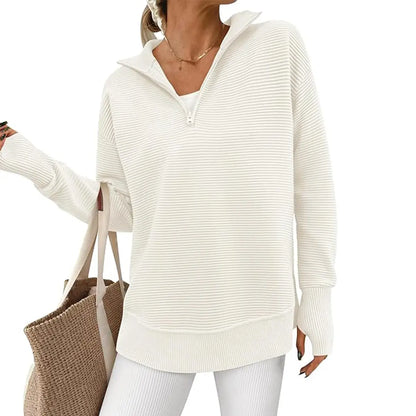 Women Oversized Half Zip Collar Vertical Rib Long Sleeve Knit Top
