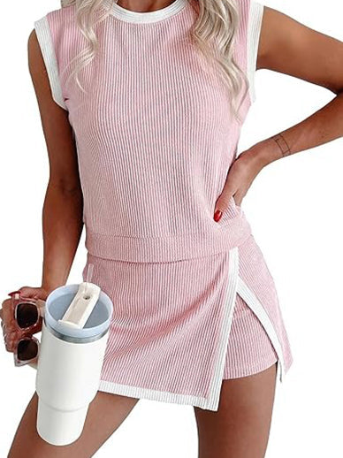 Womens Textured Rib Sleeveless Top and Wrap Skort Outfit Set