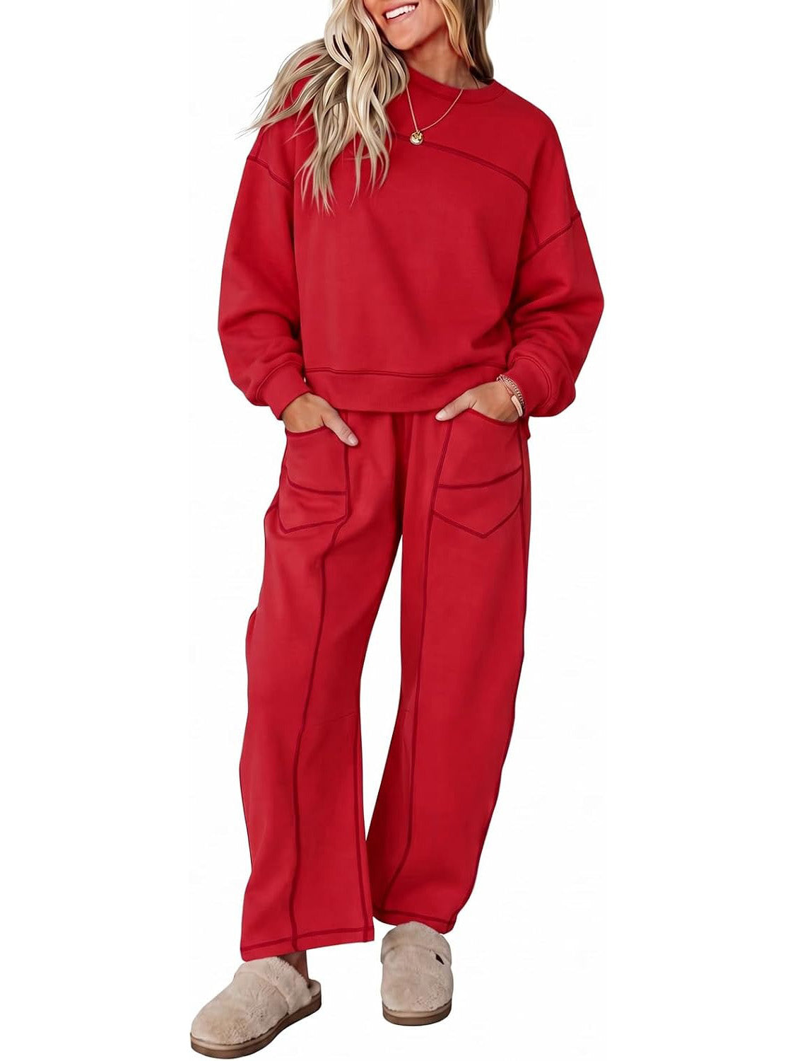 Womens 2 Piece Contrast Seams Tracksuit Set Casual Loungewear