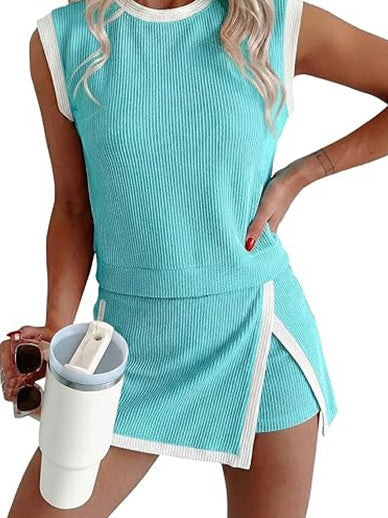 Womens Textured Rib Sleeveless Top and Wrap Skort Outfit Set