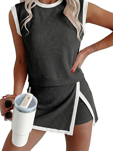 Womens Textured Rib Sleeveless Top and Wrap Skort Outfit Set
